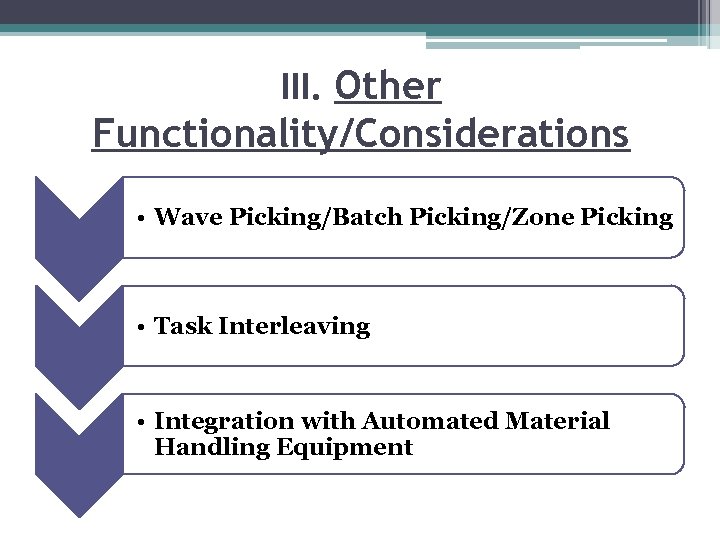 III. Other Functionality/Considerations • Wave Picking/Batch Picking/Zone Picking • Task Interleaving • Integration with