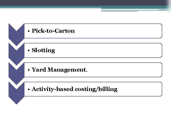  • Pick-to-Carton • Slotting • Yard Management. • Activity-based costing/billing 