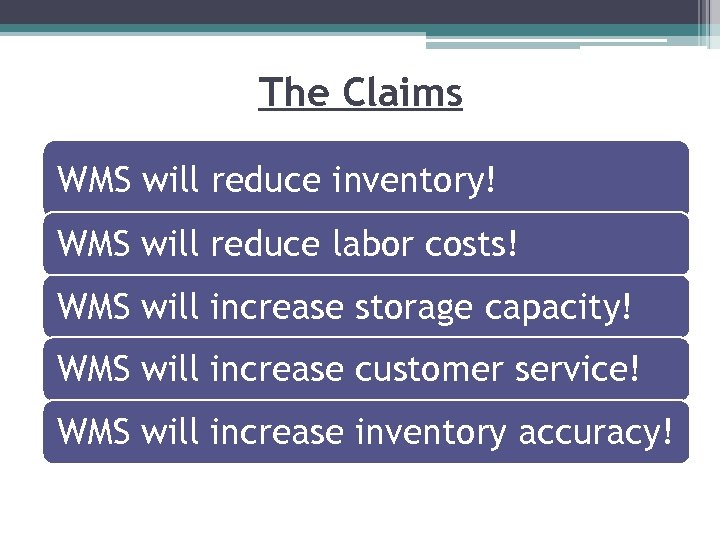 The Claims WMS will reduce inventory! WMS will reduce labor costs! WMS will increase