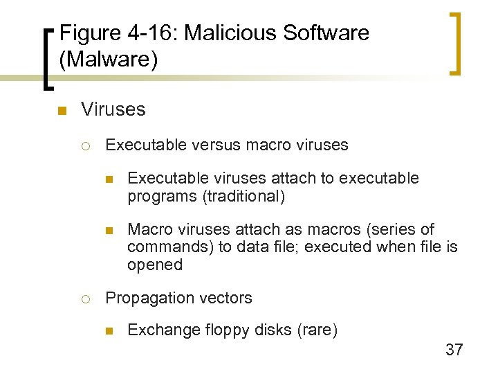 Figure 4 -16: Malicious Software (Malware) n Viruses ¡ Executable versus macro viruses n