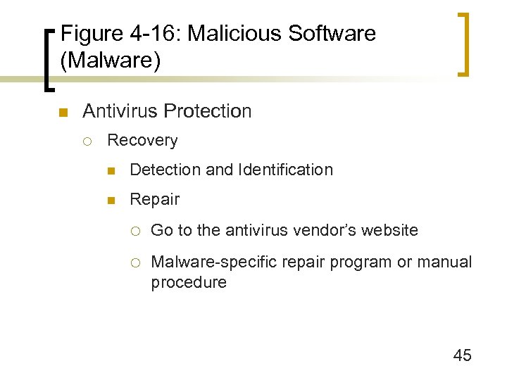 Figure 4 -16: Malicious Software (Malware) n Antivirus Protection ¡ Recovery n Detection and