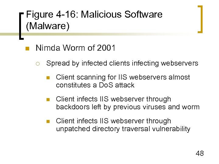 Figure 4 -16: Malicious Software (Malware) n Nimda Worm of 2001 ¡ Spread by