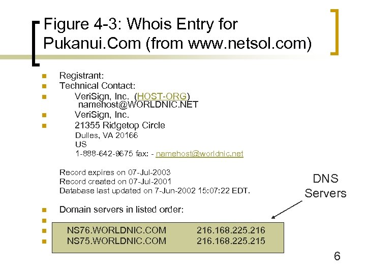 Figure 4 -3: Whois Entry for Pukanui. Com (from www. netsol. com) n n