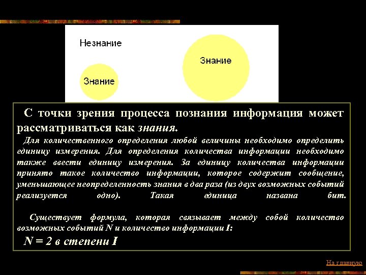 С точки зрения процесса познания информация может рассматриваться как знания. Для количественного определения любой