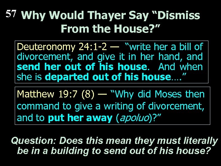 57 Why Would Thayer Say “Dismiss From the House? ” Deuteronomy 24: 1 -2