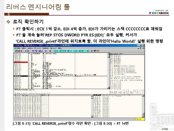 리버스 엔지니어링 툴 v 로직 확인하기 § F 7 클릭시 : ECX 1씩 감소,