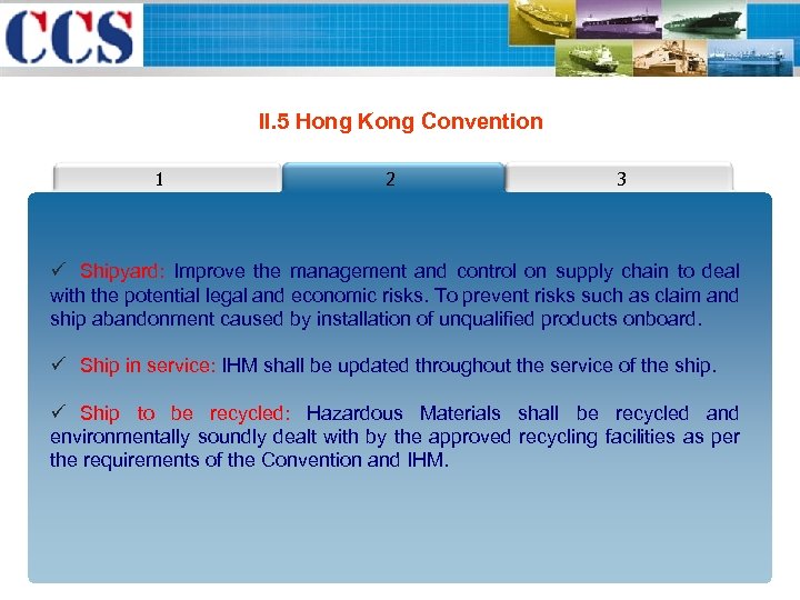 II. 5 Hong Kong Convention 1 2 3 ü Shipyard: Improve the management and