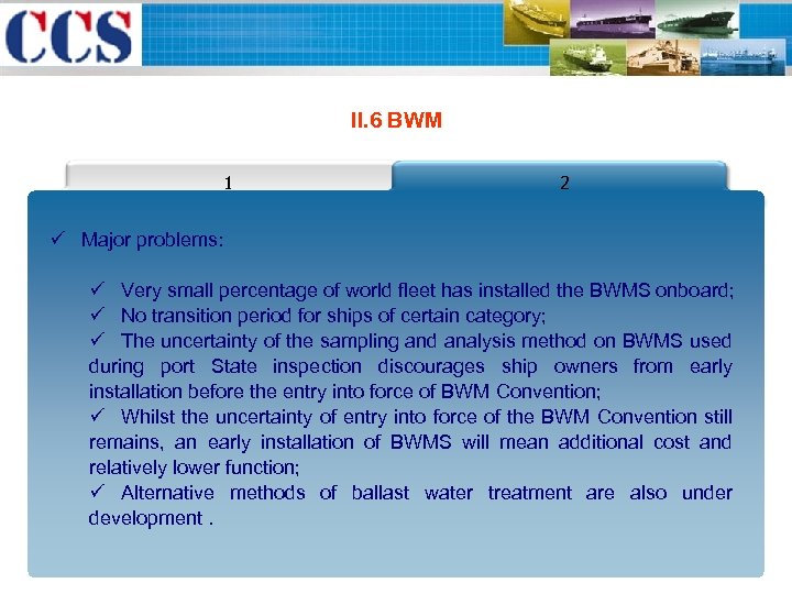 II. 6 BWM 1 2 ü Major problems: ü Very small percentage of world