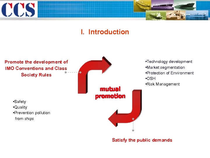 I. Introduction Promote the development of IMO Conventions and Class Society Rules • Safety