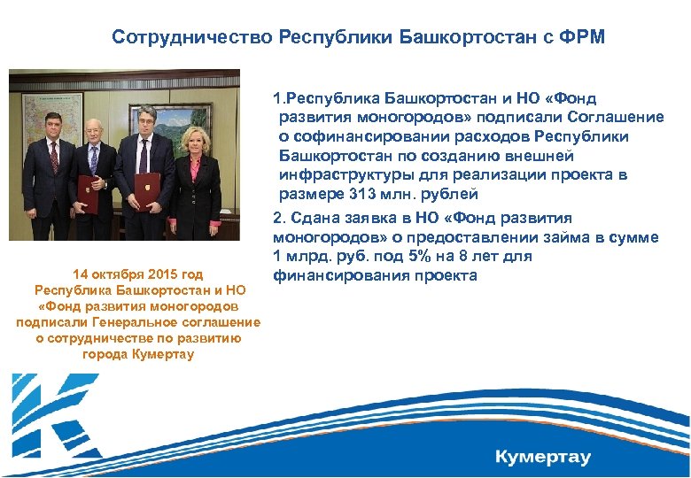Сотрудничество Республики Башкортостан с ФРМ 1. Республика Башкортостан и НО «Фонд развития моногородов» подписали