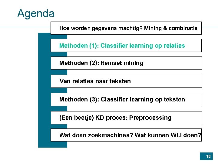 Agenda Hoe worden gegevens machtig? Mining & combinatie Methoden (1): Classifier learning op relaties