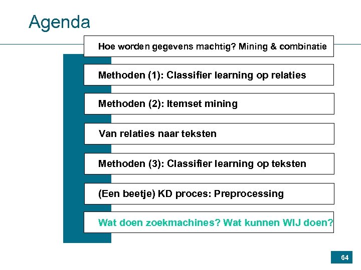 Agenda Hoe worden gegevens machtig? Mining & combinatie Methoden (1): Classifier learning op relaties