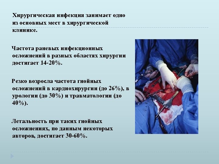 Хирургическая инфекция занимает одно из основных мест в хирургической клинике. Частота раневых инфекционных осложнений
