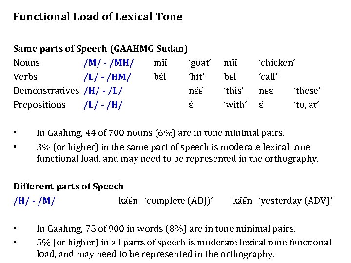 Functional Load of Lexical Tone Same parts of Speech (GAAHMG Sudan) Nouns /M/ -