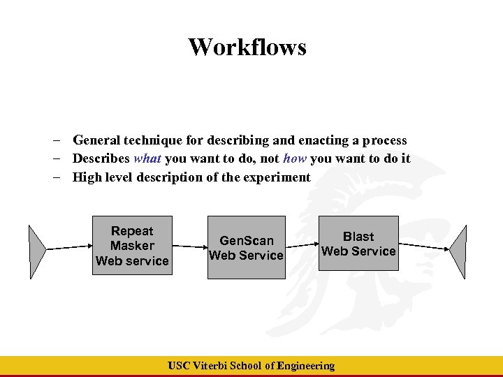 Workflows – General technique for describing and enacting a process – Describes what you