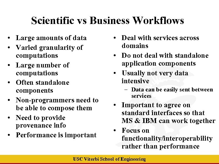 Scientific vs Business Workflows • Large amounts of data • Varied granularity of computations