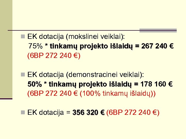 n EK dotacija (mokslinei veiklai): 75% * tinkamų projekto išlaidų = 267 240 €