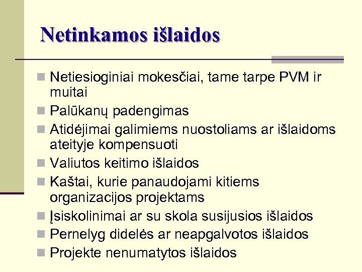 Netinkamos išlaidos n Netiesioginiai mokesčiai, tame tarpe PVM ir muitai n Palūkanų padengimas n