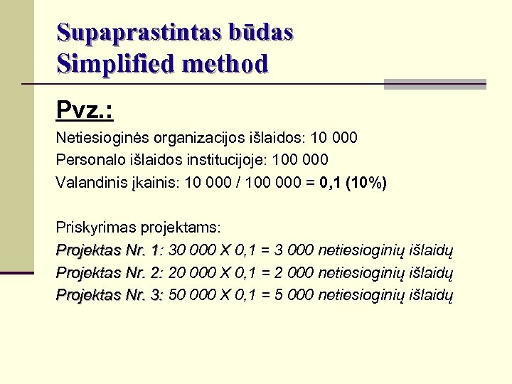 Supaprastintas būdas Simplified method Pvz. : Netiesioginės organizacijos išlaidos: 10 000 Personalo išlaidos institucijoje:
