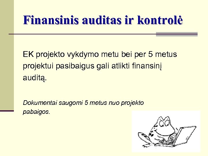 Finansinis auditas ir kontrolė EK projekto vykdymo metu bei per 5 metus projektui pasibaigus