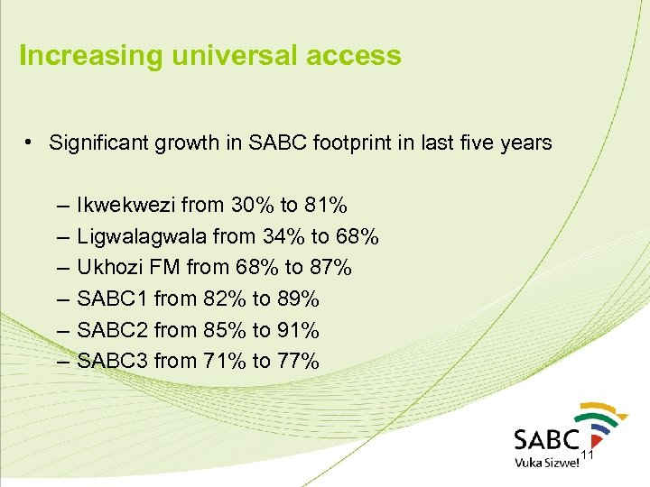 Increasing universal access • Significant growth in SABC footprint in last five years –