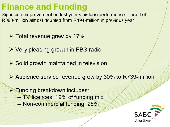 Finance and Funding Significant improvement on last year’s historic performance – profit of R