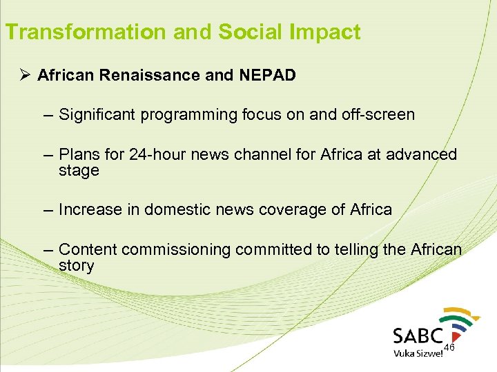 Transformation and Social Impact Ø African Renaissance and NEPAD – Significant programming focus on