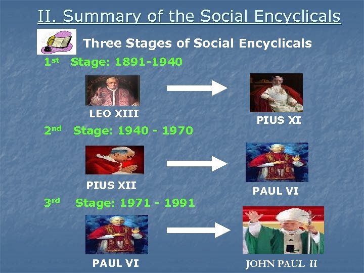 II. Summary of the Social Encyclicals Three Stages of Social Encyclicals 1 st Stage: