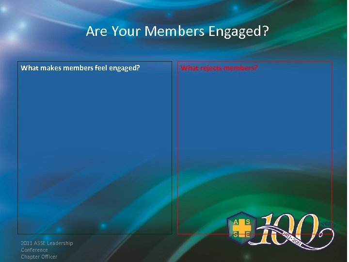 Are Your Members Engaged? What makes members feel engaged? 2011 ASSE Leadership Conference Chapter