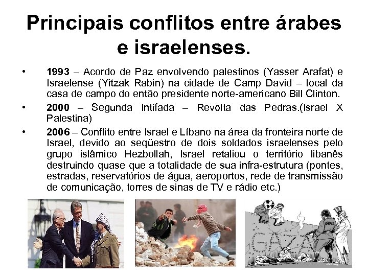 Principais conflitos entre árabes e israelenses. • • • 1993 – Acordo de Paz