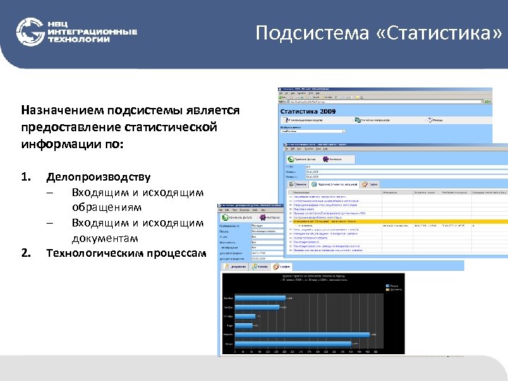 Подсистема «Статистика» Назначением подсистемы является предоставление статистической информации по: 1. 2. Делопроизводству – Входящим