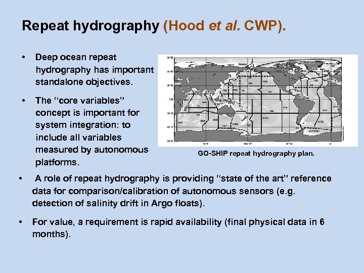 Repeat hydrography (Hood et al. CWP). • Deep ocean repeat hydrography has important standalone