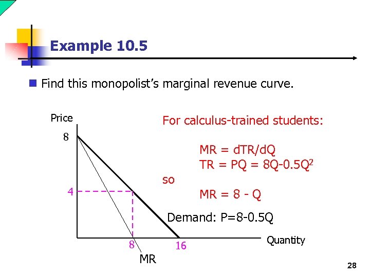 Example 10. 5 n Find this monopolist’s marginal revenue curve. Price For calculus-trained students: