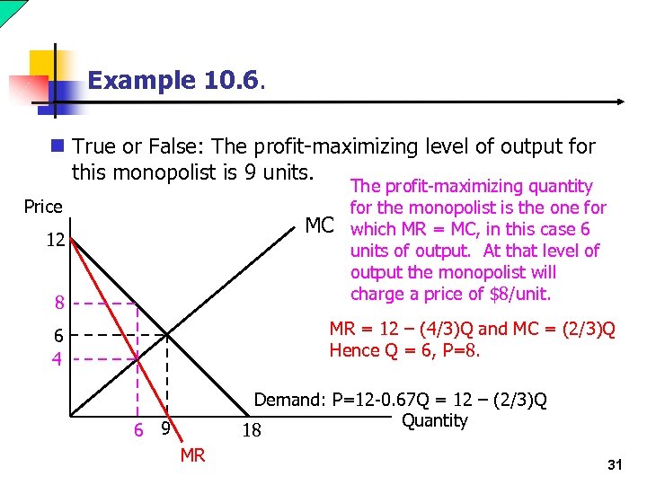 Example 10. 6. n True or False: The profit-maximizing level of output for this