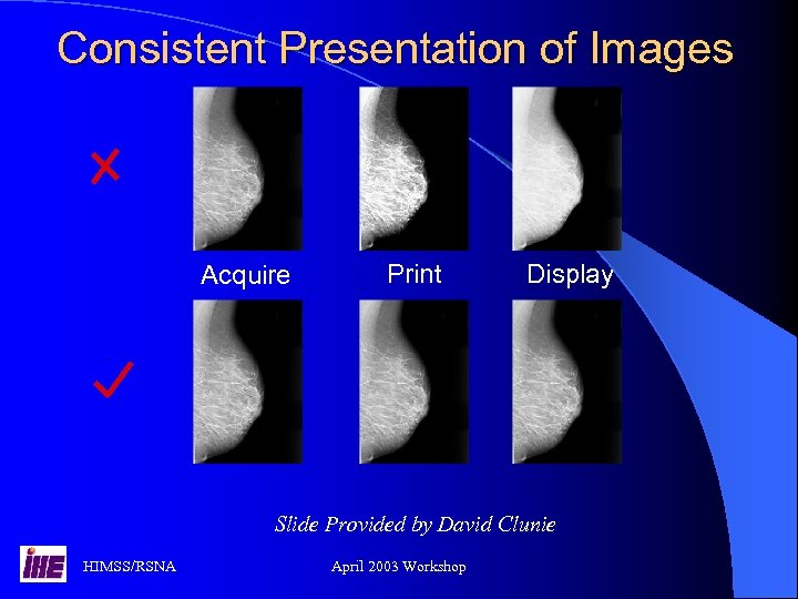 Consistent Presentation of Images Acquire Print Display Slide Provided by David Clunie HIMSS/RSNA April