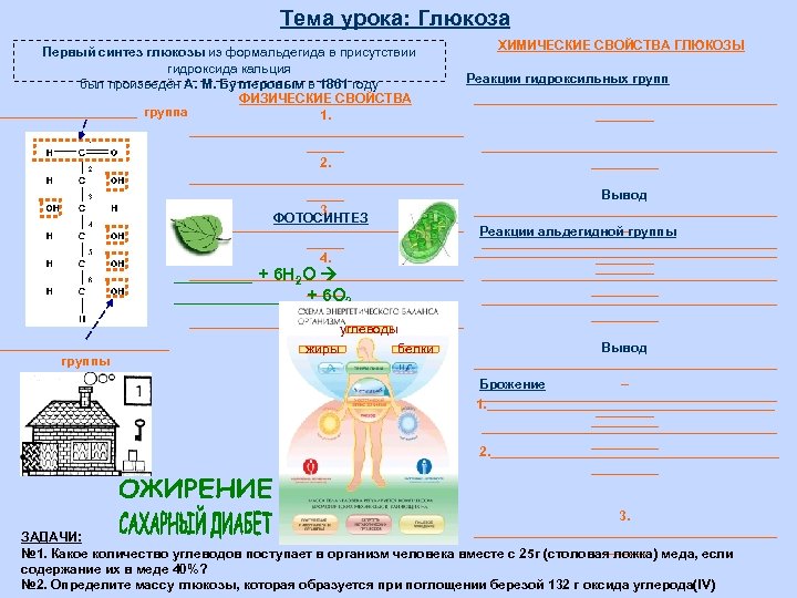 Тема урока: Глюкоза ХИМИЧЕСКИЕ СВОЙСТВА ГЛЮКОЗЫ Первый синтез глюкозы из формальдегида в присутствии гидроксида