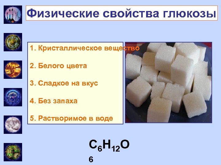 Физические свойства глюкозы 1. Кристаллическое вещество …… 2. …… Белого цвета 3. …… Сладкое