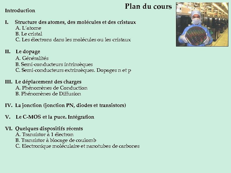 Introduction Plan du cours I. Structure des atomes, des molécules et des cristaux A.