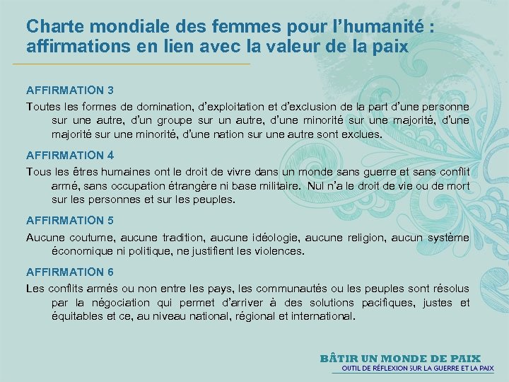 Charte mondiale des femmes pour l’humanité : affirmations en lien avec la valeur de