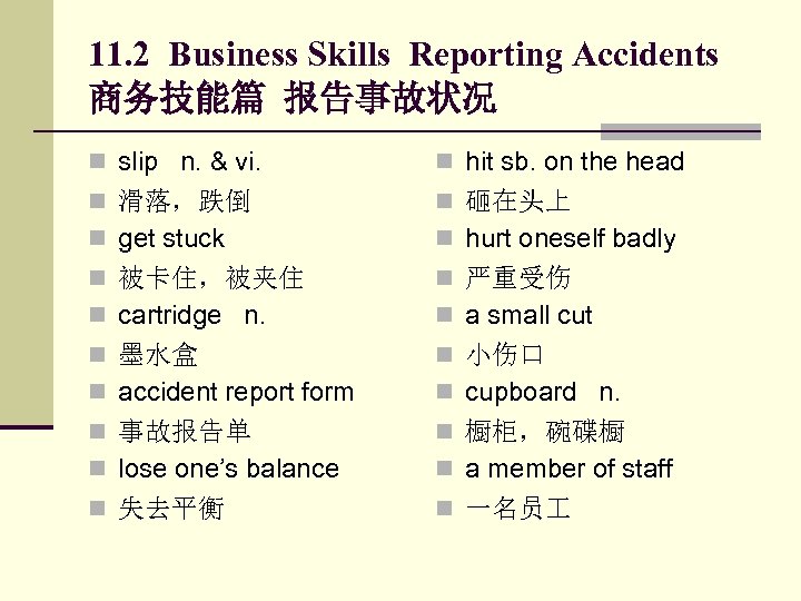 11. 2 Business Skills Reporting Accidents 商务技能篇 报告事故状况 n slip n. & vi. n
