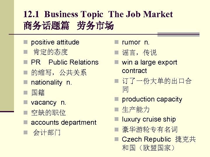 12. 1 Business Topic The Job Market 商务话题篇 劳务市场 n positive attitude n rumor