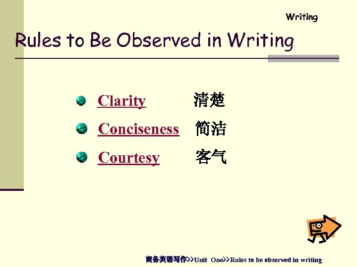 Writing Rules to Be Observed in Writing Clarity 清楚 Conciseness 简洁 Courtesy 客气 商务英语写作>>Unit