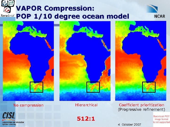 VAPOR Compression: POP 1/10 degree ocean model No compression Hierarchical Coefficient prioritization (Progressive refinement)