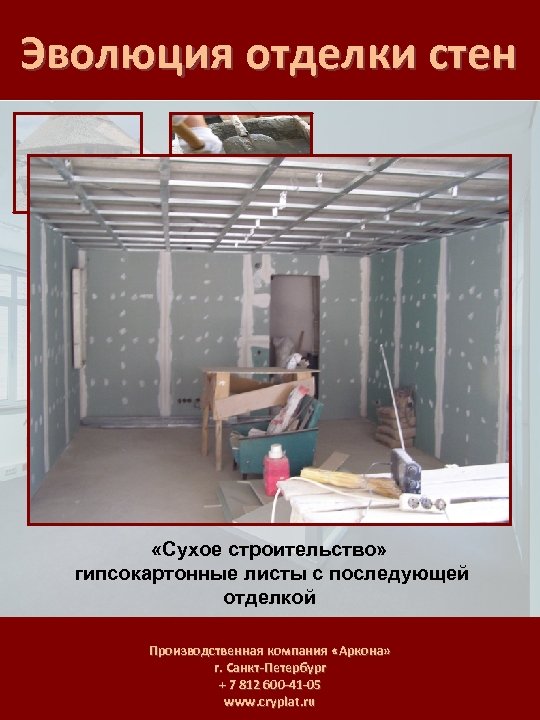 Эволюция отделки стен «Сухое строительство» гипсокартонные листы с последующей отделкой Производственная компания «Аркона» г.