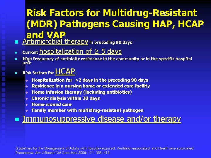 n n Risk Factors for Multidrug-Resistant (MDR) Pathogens Causing HAP, HCAP and VAP Antimicrobial