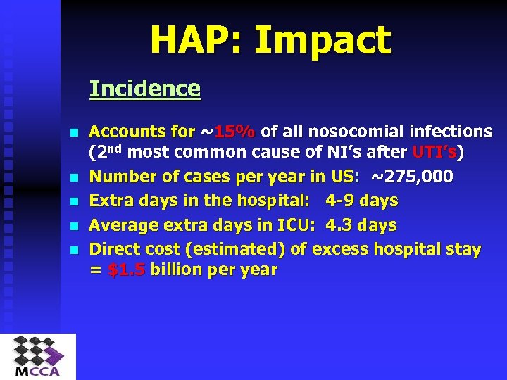 HAP: Impact Incidence n n n Accounts for ~15% of all nosocomial infections (2