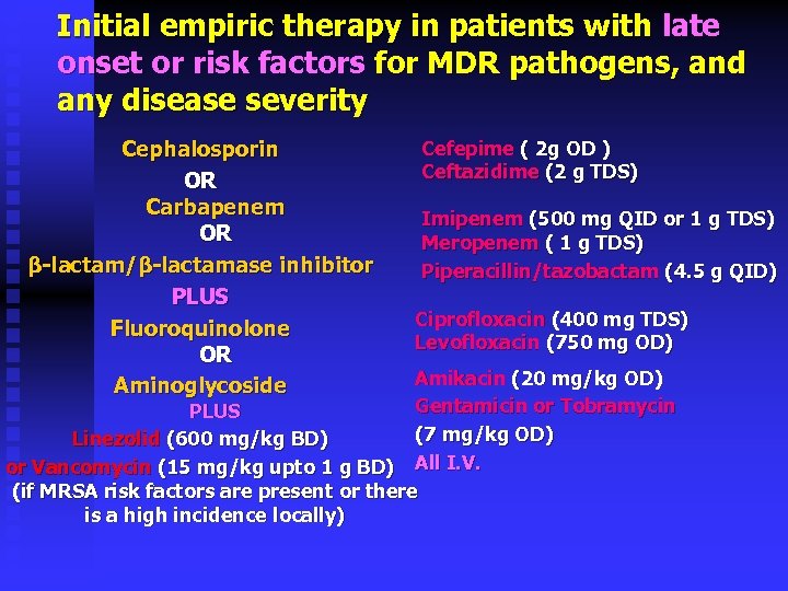 Initial empiric therapy in patients with late onset or risk factors for MDR pathogens,