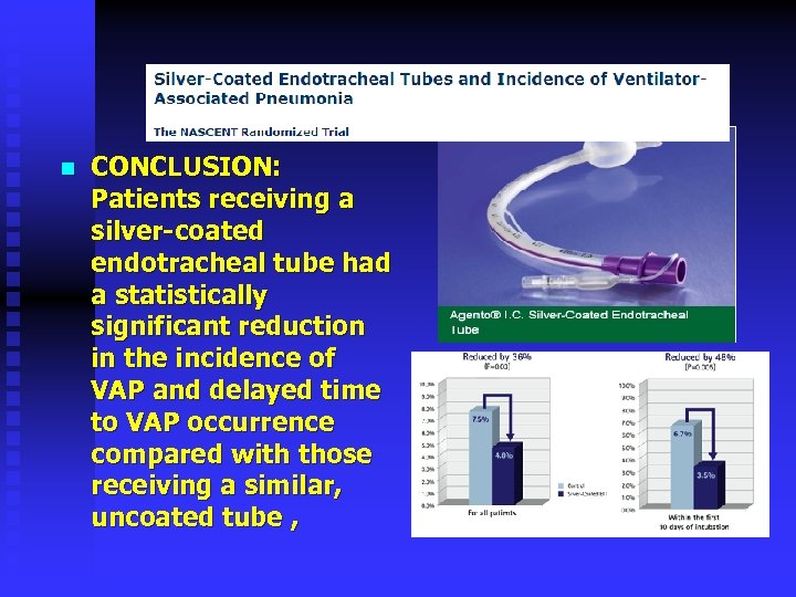n CONCLUSION: Patients receiving a silver-coated endotracheal tube had a statistically significant reduction in