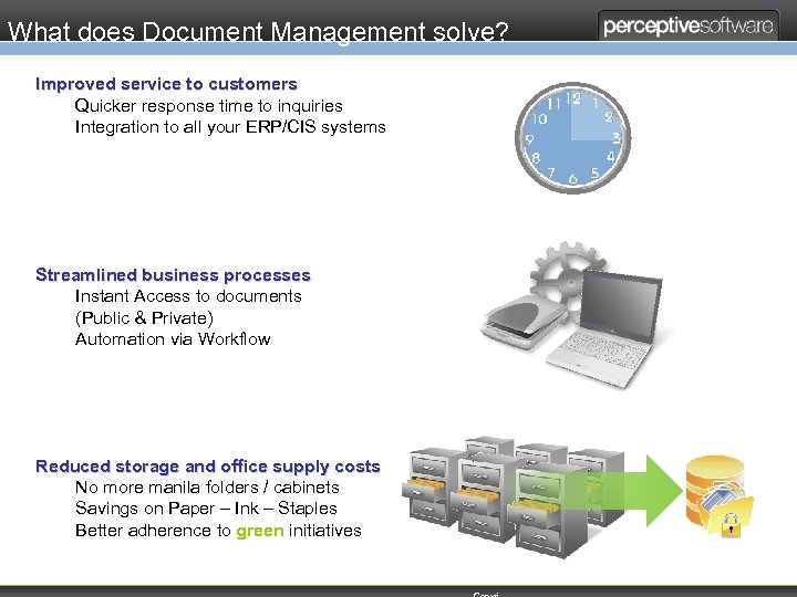 What does Document Management solve? Improved service to customers Quicker response time to inquiries