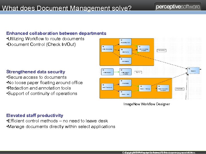 What does Document Management solve? Enhanced collaboration between departments • Utilizing Workflow to route
